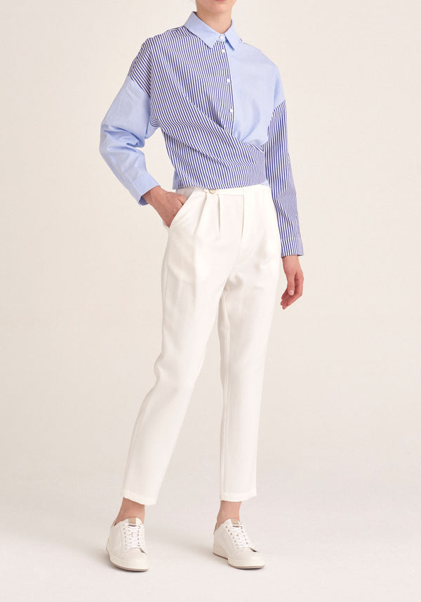 Paisie Contrast Stripe Wrap Shirt in Blue and White